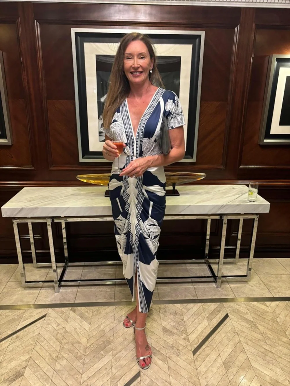 Commense Navy and White Tropical Print V Neck Ruched Dress - Picture 2 of 11